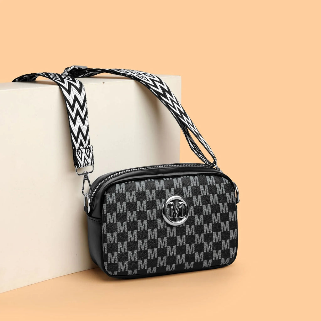 PU wide-strap crossbody bag with three-dimensional pocket in black, brown or white
