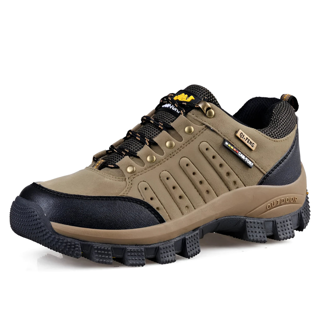 Unisex hiking shoes with TPR non-slip sole, waterproof upper, in brown orange colour on outdoor ground
