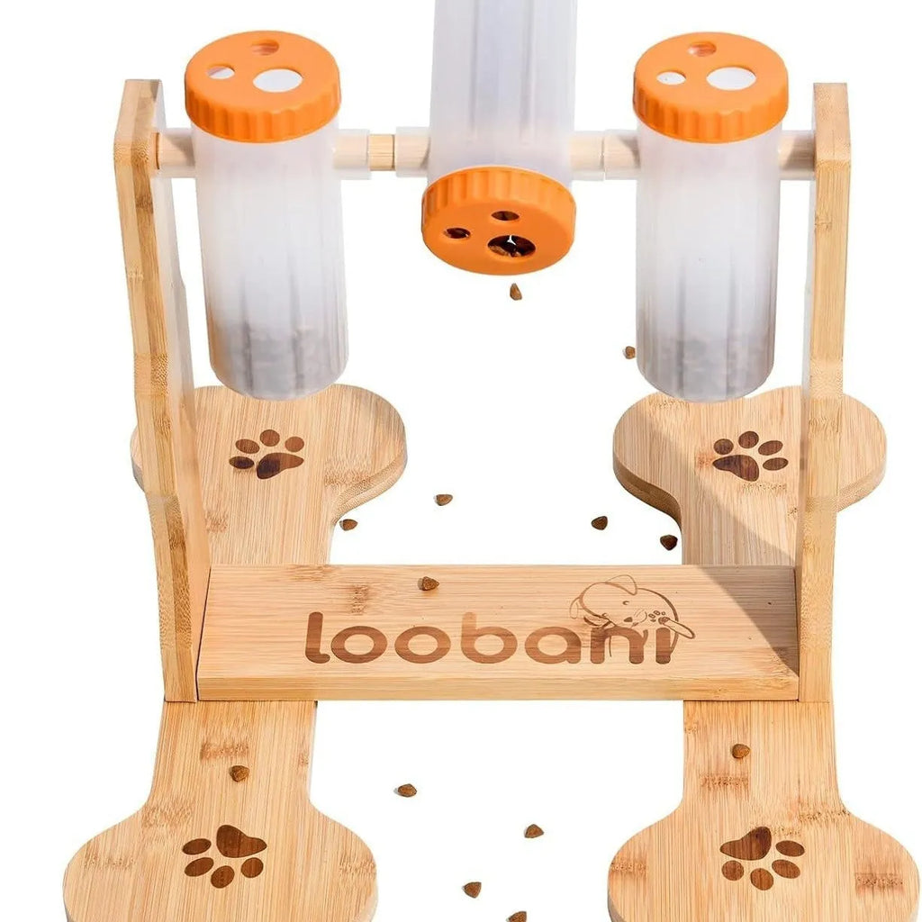 Wooden interactive dog puzzle feeder snack dispenser toy in natural wood colour