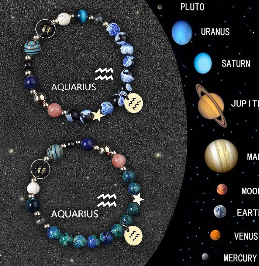 Set of twelve natural stone beaded bracelets, each showing a different zodiac sign design on an elastic cord.