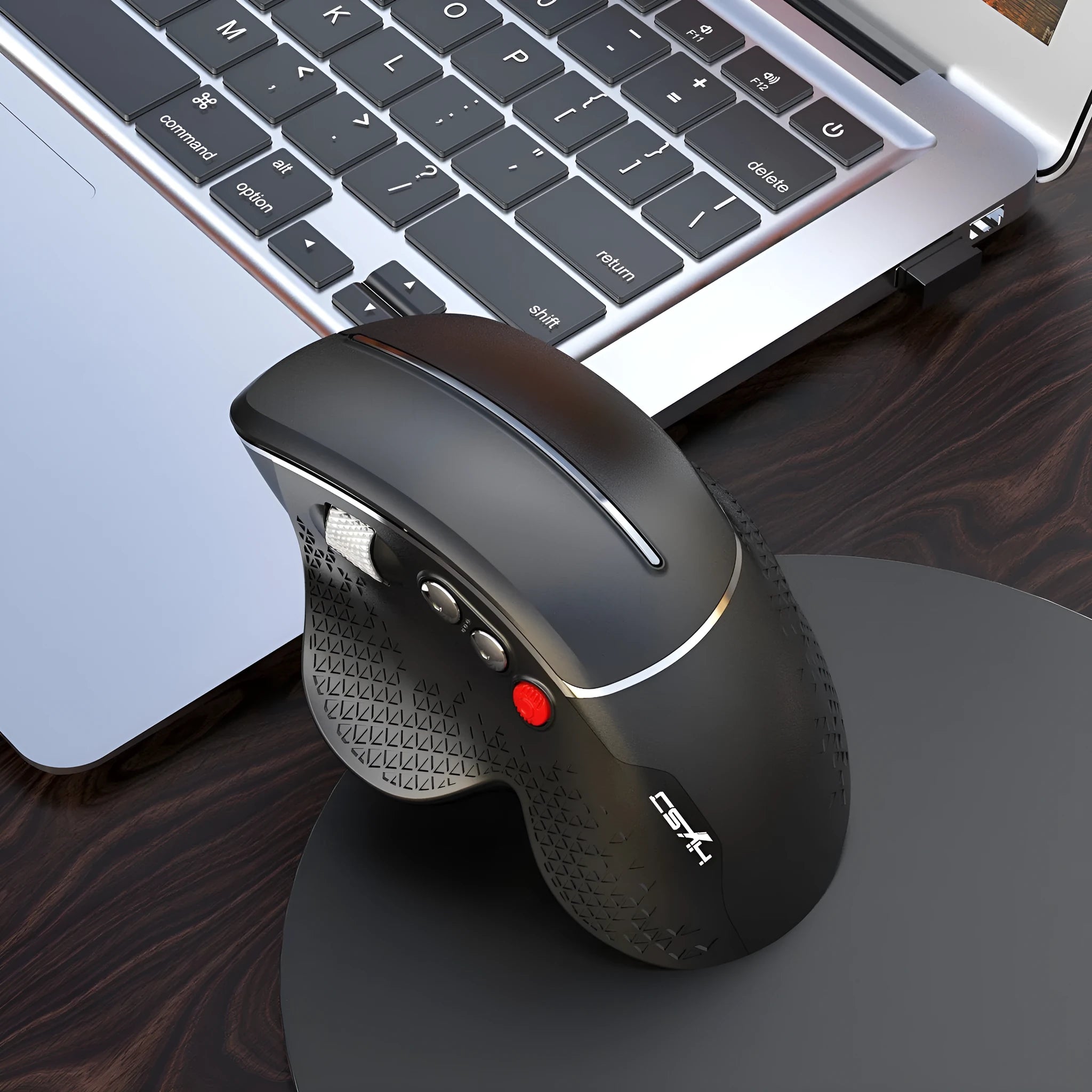 T32 Black and Silver Grey wireless vertical ergonomic computer mouse with aluminium side roller.