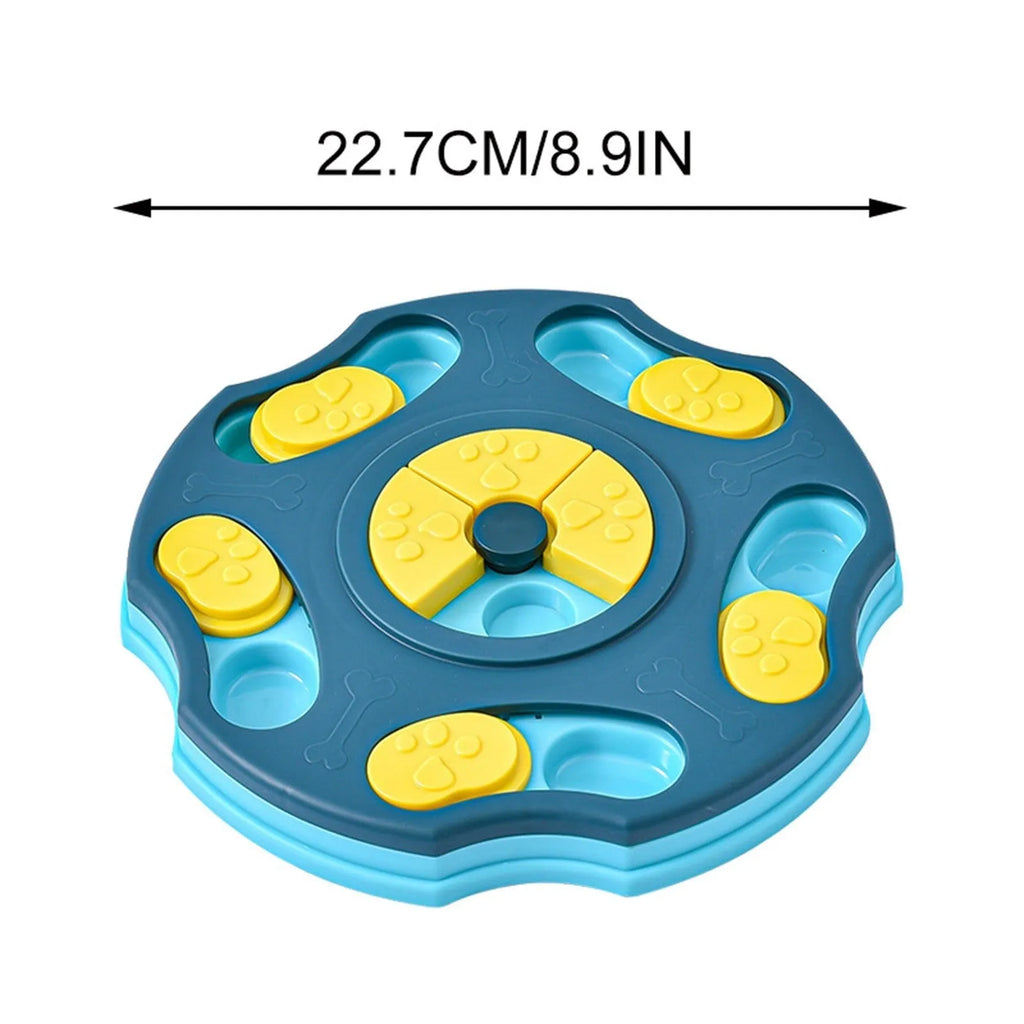 Blue dog puzzle feeder toy with interactive compartments for food dispensing during play