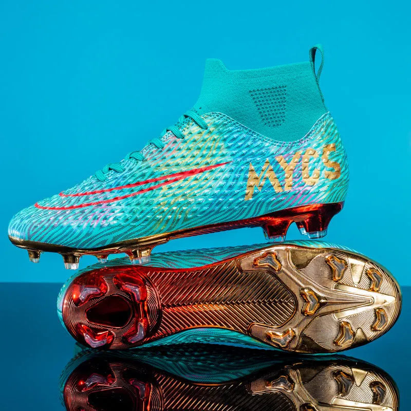 Men's high-top gold-plated bottom soccer shoes in dark blue with synthetic leather upper