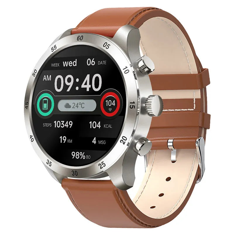 Black steel Bluetooth smart watch for iPhone with heart rate monitor on a wrist