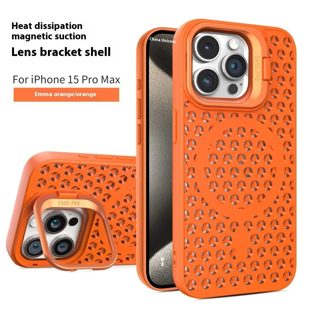 Magnetic suction lens bracket phone case for iPhone in purple, green, blue, black, silver gray or orange TPU.