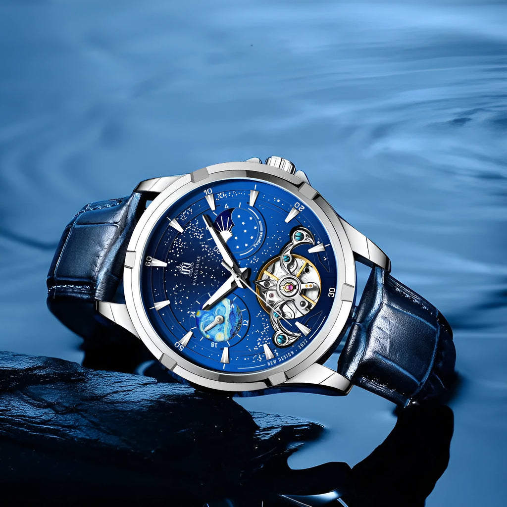Men's blue automatic mechanical watch with 14mm thickness, model 885b.