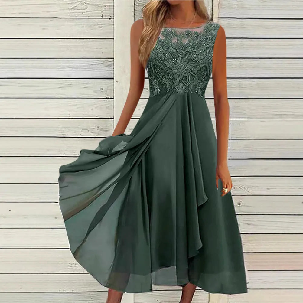 Women's sleeveless green chiffon dress with white stitching lace and hollow-out detail, mid-length skirt.