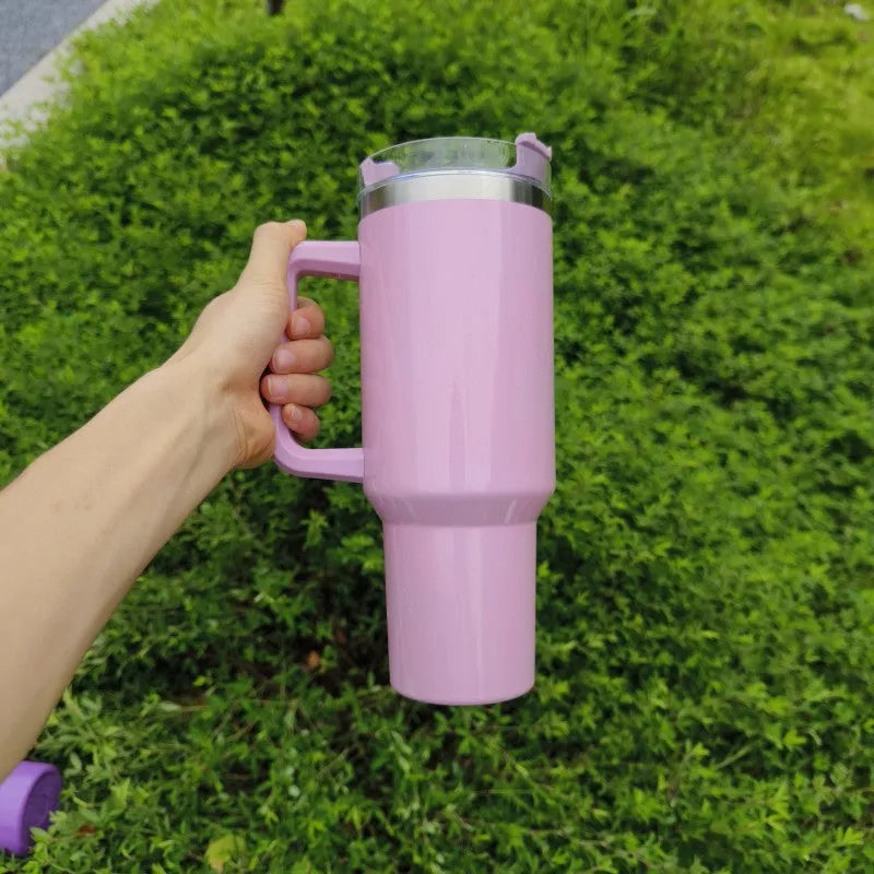 Large stainless steel vacuum insulation cup with gradient colour finish showing 1L capacity dimensions