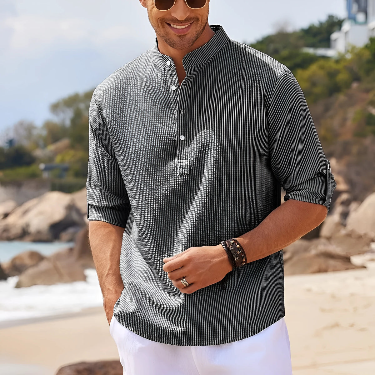 Men's casual long sleeve stand collar solid colour pullover shirt in loose fit available in multiple colours