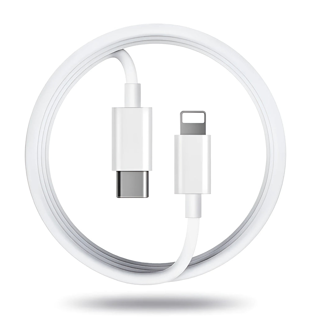 Grey Apple Lightning to USB fast-charge cable shown in 1m, 2m, and 3m lengths.