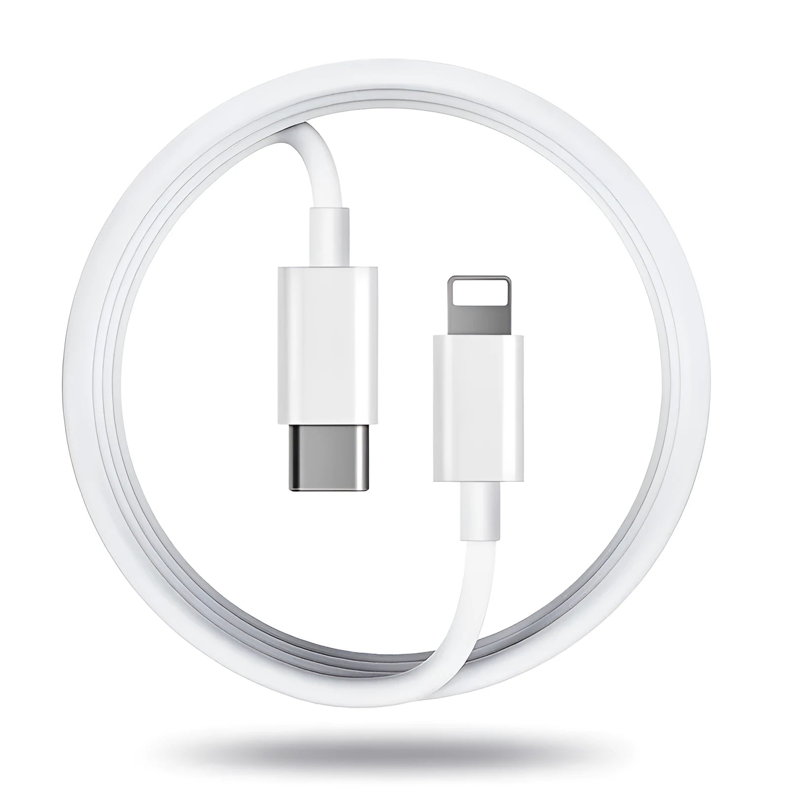 Grey Apple Lightning to USB fast-charge cable shown in 1m, 2m, and 3m lengths.