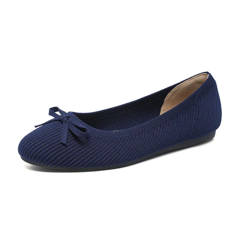 Women's round toe fabric bow flat pumps in butterfly black colour with shallow mouth and oversleeve style