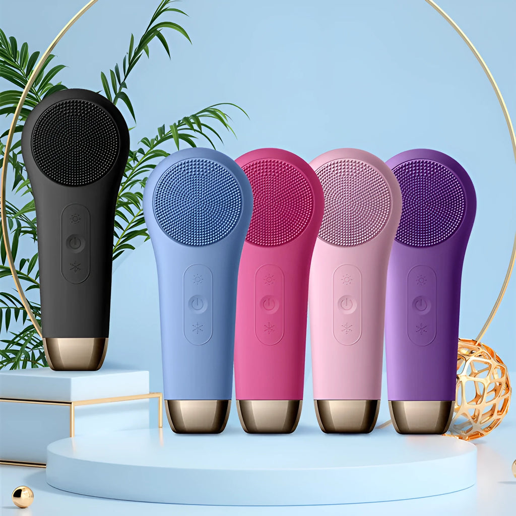 Silicone facial cleansing brush with ultrasonic vibration, 1500RPM cleaning, heat and ice modes, available in five colours.