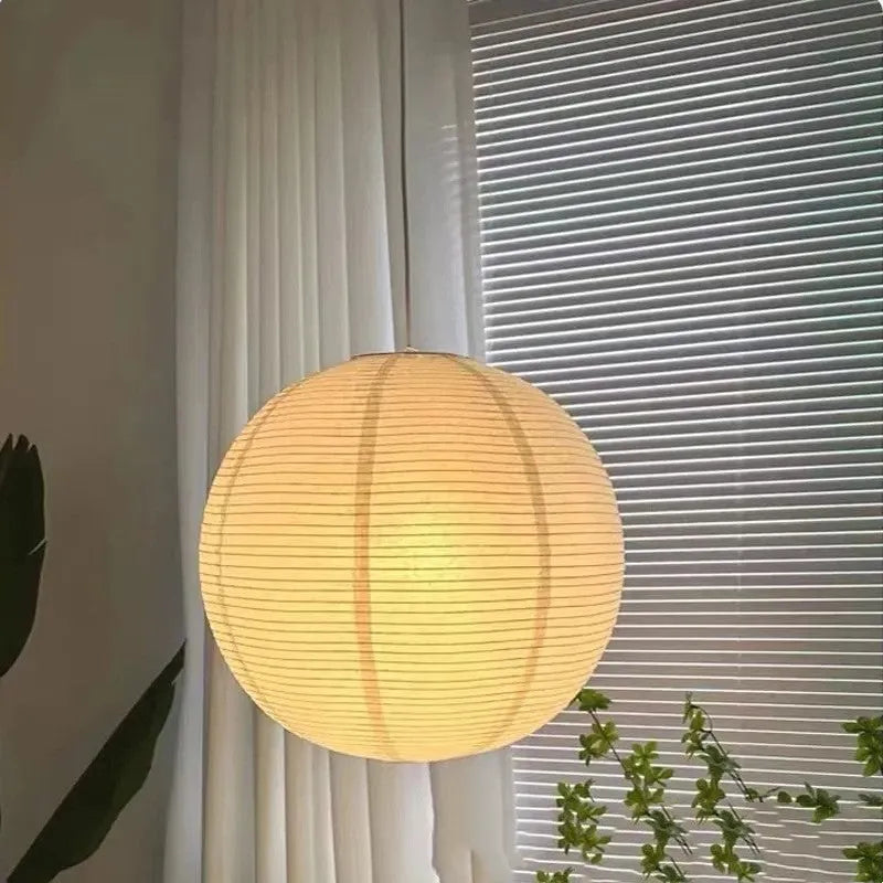 Beige tissue paper lampshade chandelier with black line, 60cm diameter, iron body, warm LED light