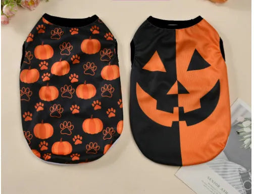 Polyester Halloween pet costume showing pumpkin and ghost prints on a dog or cat in size M