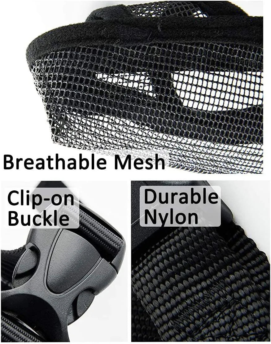 Breathable mesh dog muzzle in black or orange, sizes XXS to XL, with adjustable fit for anti-bite and anti-barking use.