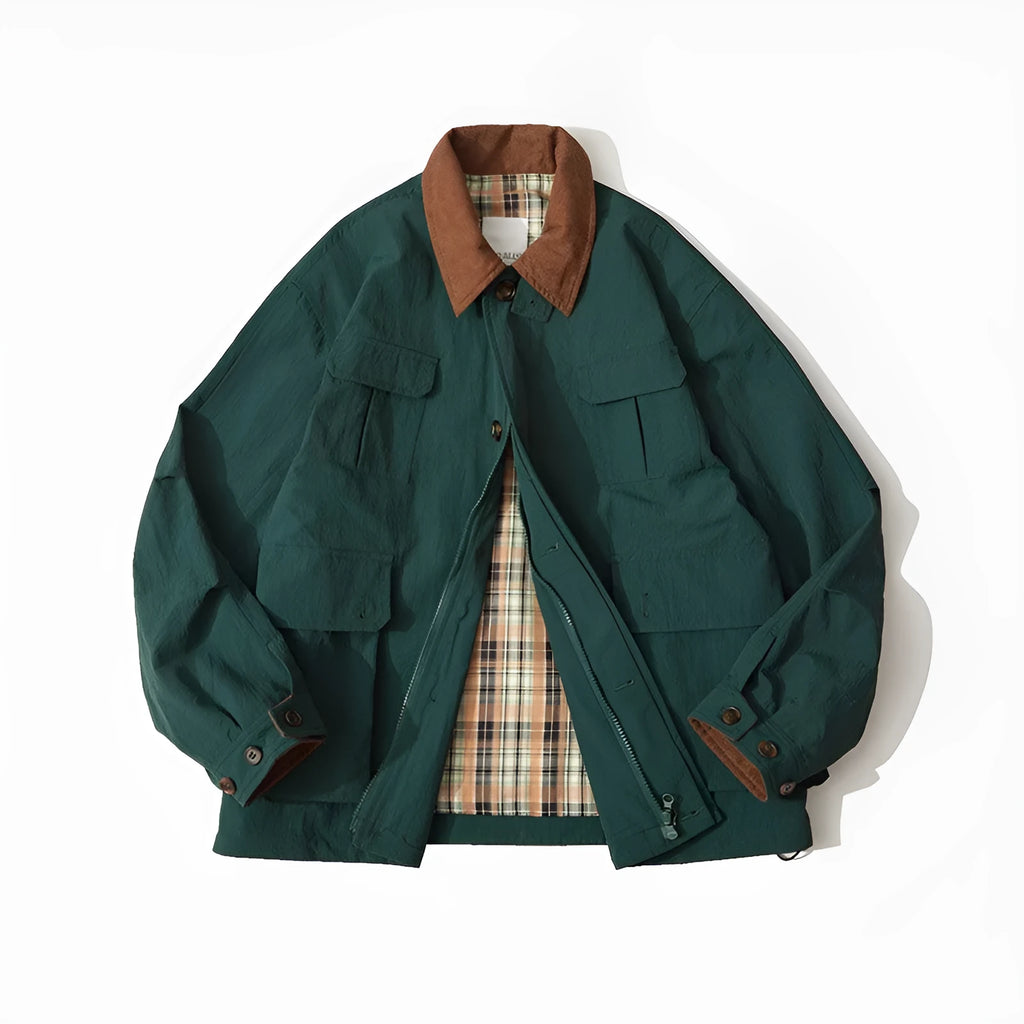Green and apricot casual jacket with side seam pockets and long sleeves