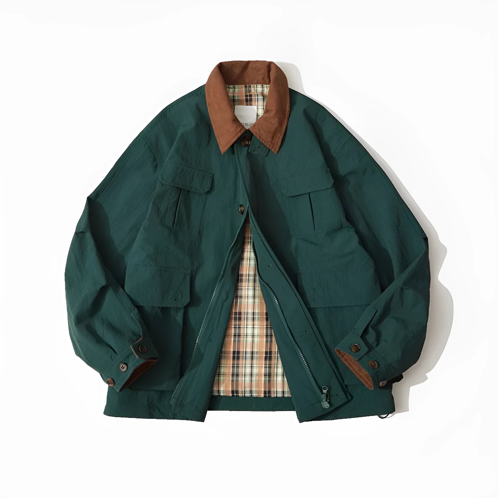 Green and apricot casual jacket with side seam pockets and long sleeves