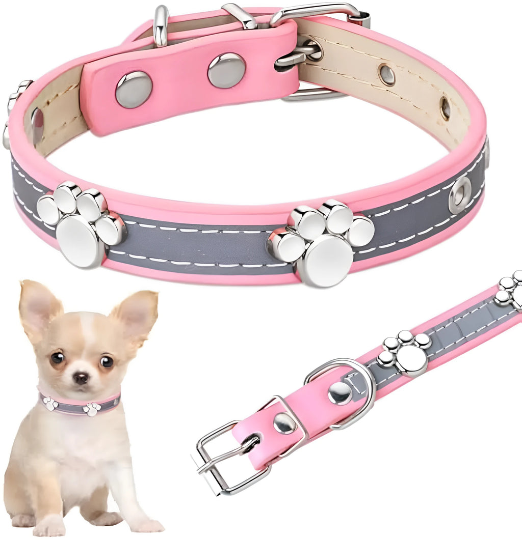 Reflective adjustable leather dog collar with cute paw rivet on a grey background