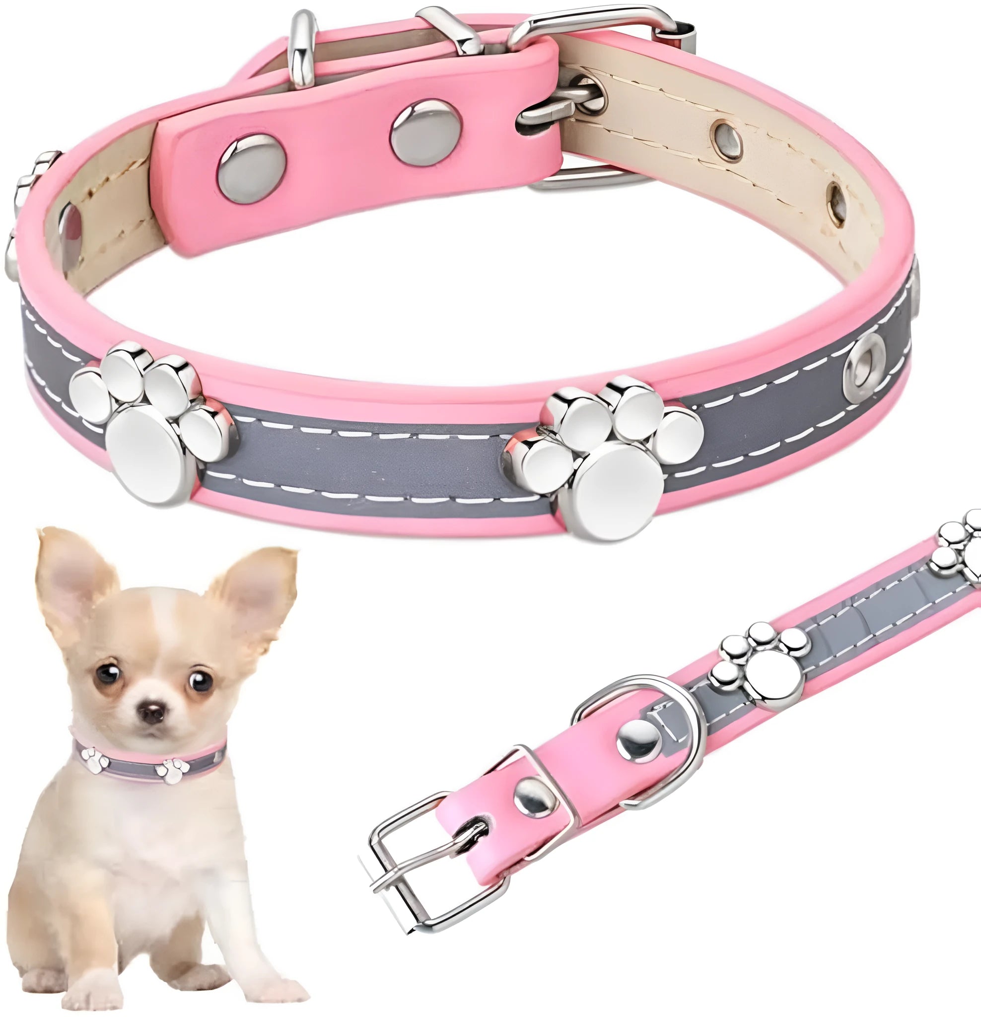 Reflective adjustable leather dog collar with cute paw rivet on a grey background