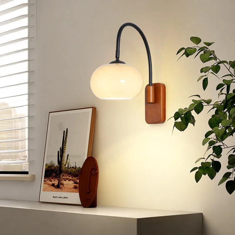 Retro wall LED lamp with 32cm milky white glass shade and iron body, walnut or log colour