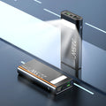Alloy power bank with LCD display showing battery percentage, available in black blue green red colours