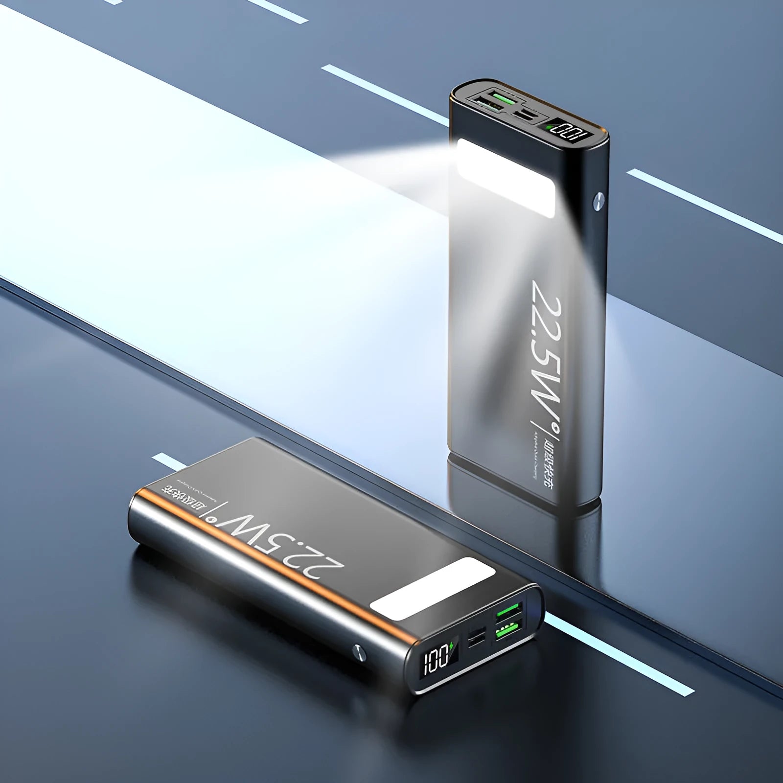 Alloy power bank with LCD display showing battery percentage, available in black blue green red colours