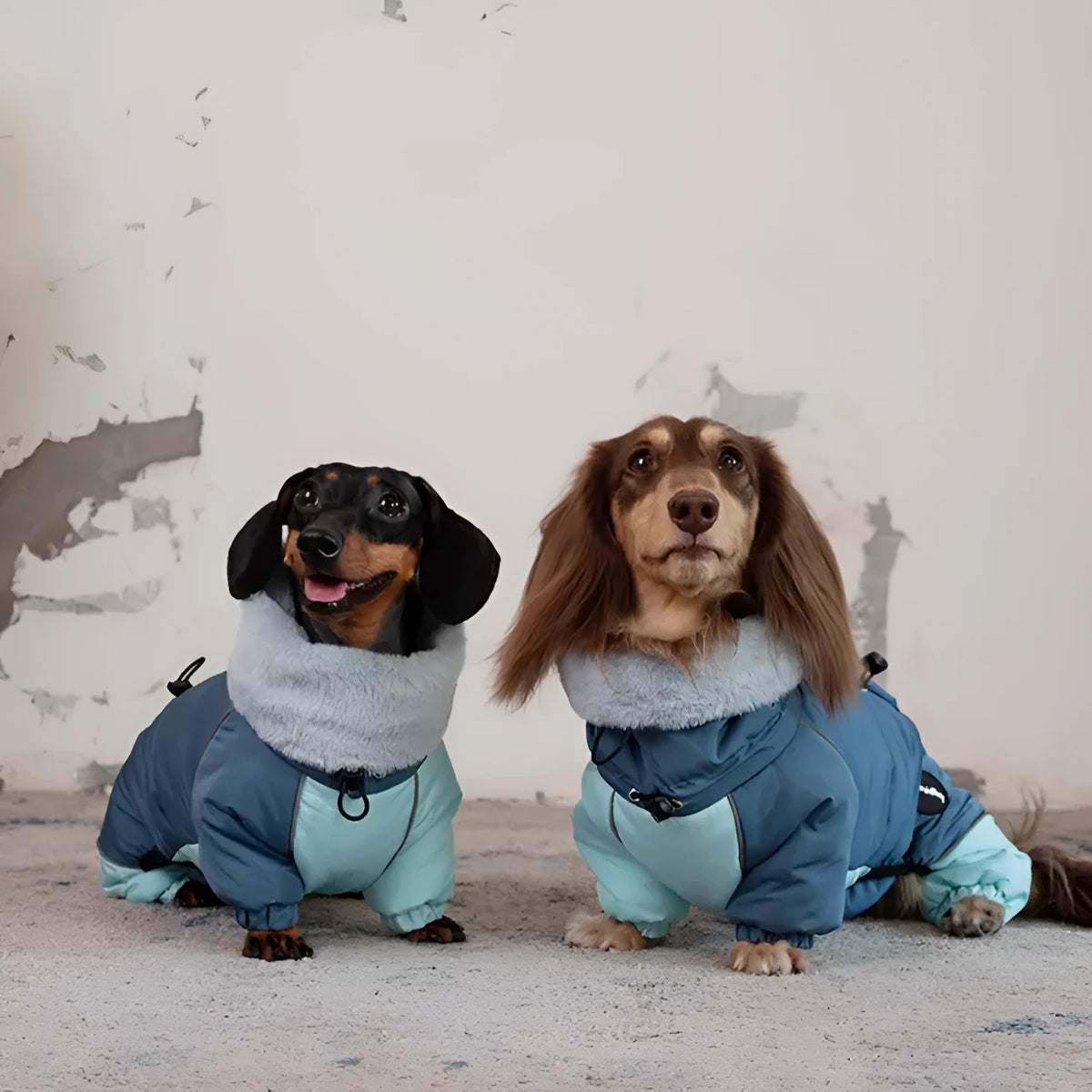 Dachshund in a Navy Blue thick cotton-padded four-leg jacket for autumn and winter, lambswool fabric