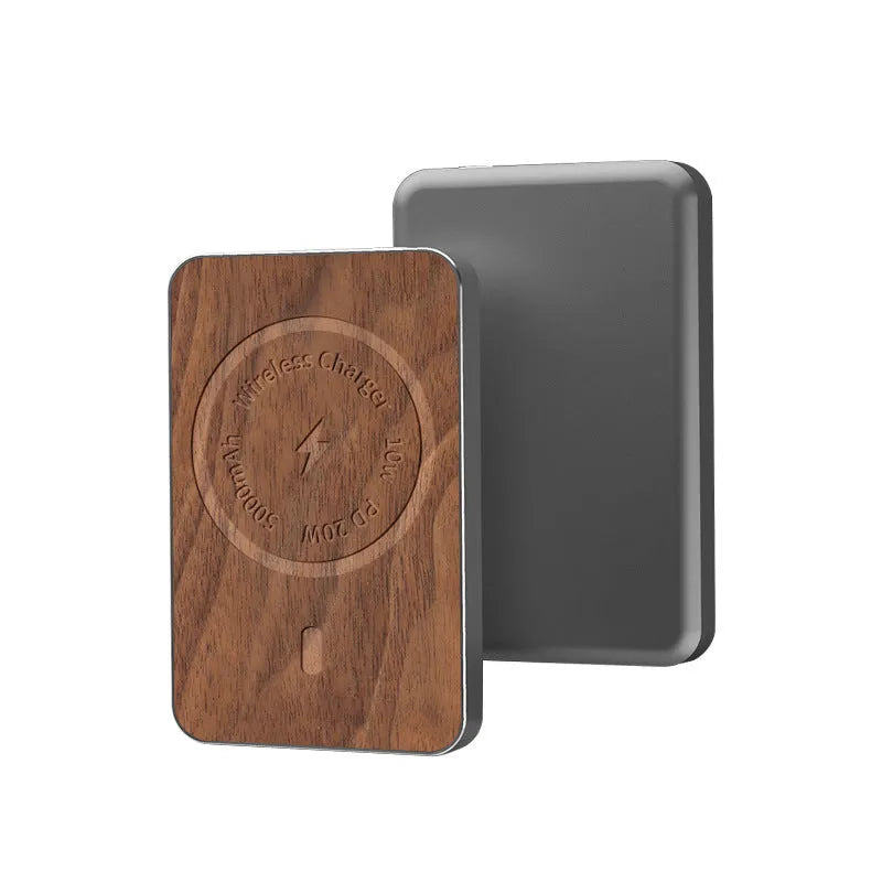 Khaki coloured alloy wireless charging power bank showing compact size and USB port