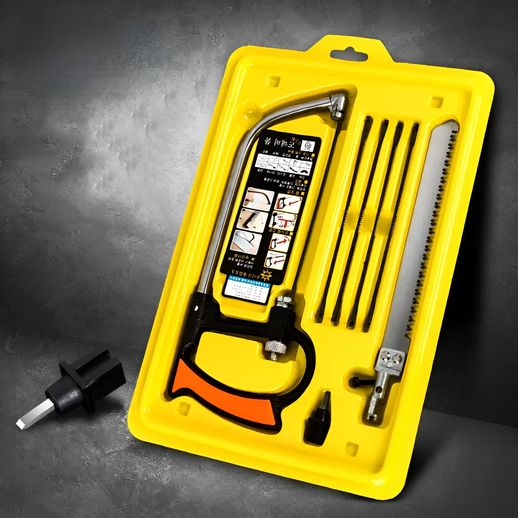Seven-in-one alloy steel hand saw set with interchangeable blades on a wooden workbench