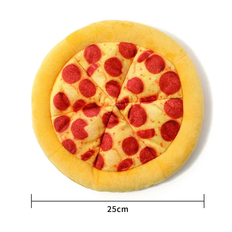 Yellow pizza slice plush dog chew toy with textured grinding surface
