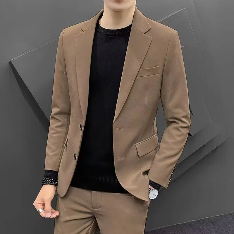 Korean slim business suit set with long-sleeve coat and trousers in black, slim fit polyester