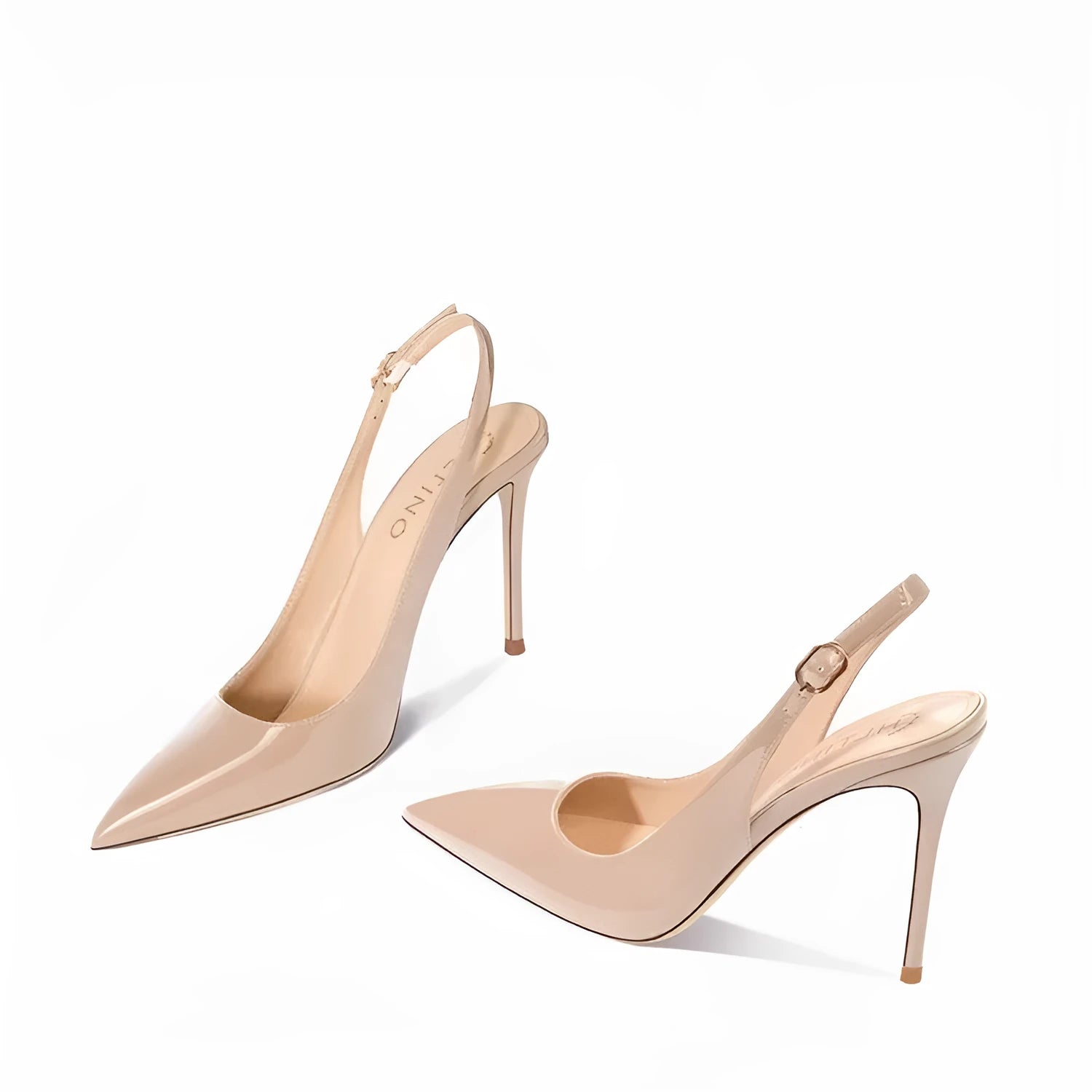 Women's nude high-heeled sandals with an ankle strap and hollow design.