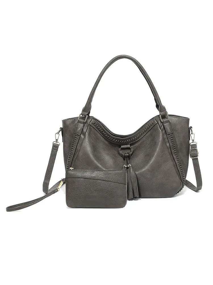 Women's retro PU leather bucket shoulder messenger bag in black with small bag option