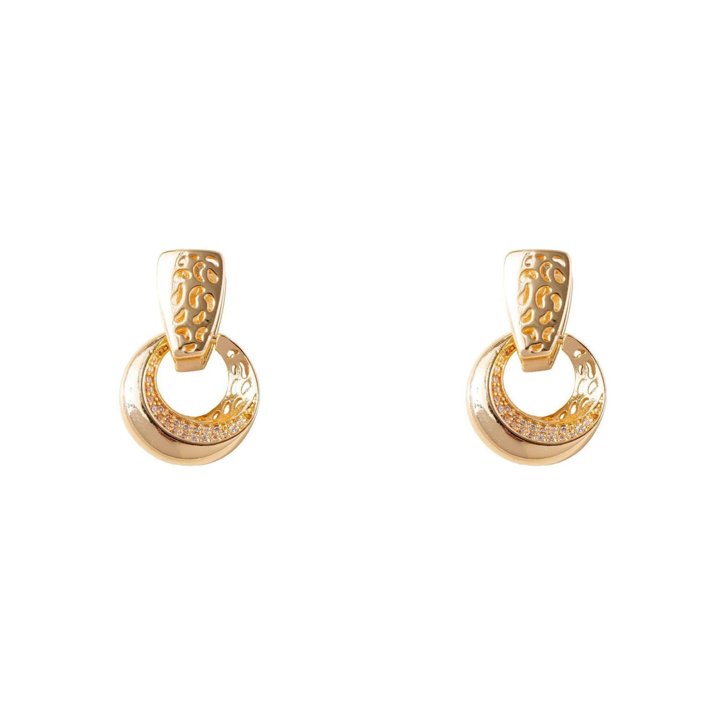 Hollow round moon drop earrings with natural zircon inlay, gold and silver copper finish for women