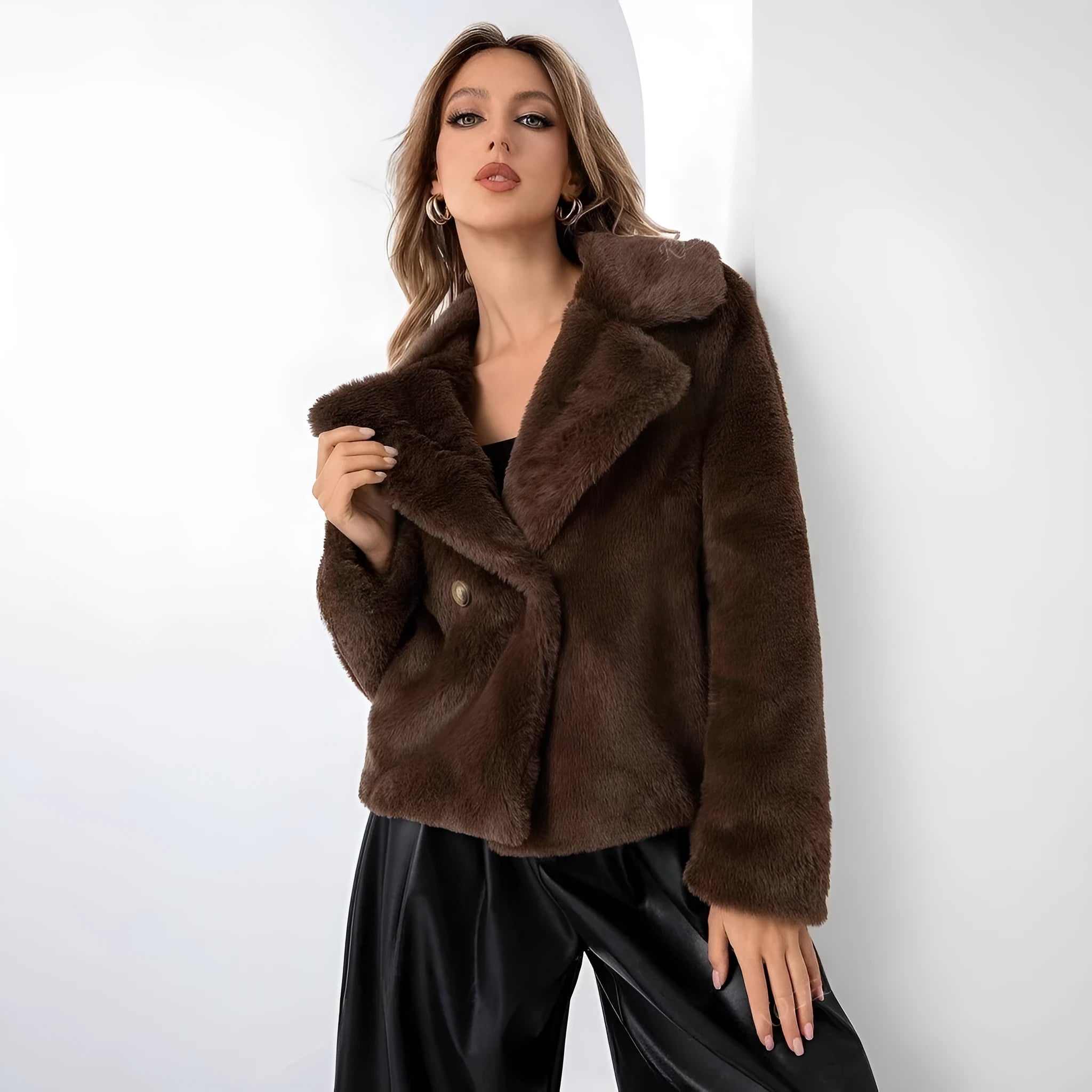 A rose red women's loose short coat made from soft artificial fur with regular sleeves.