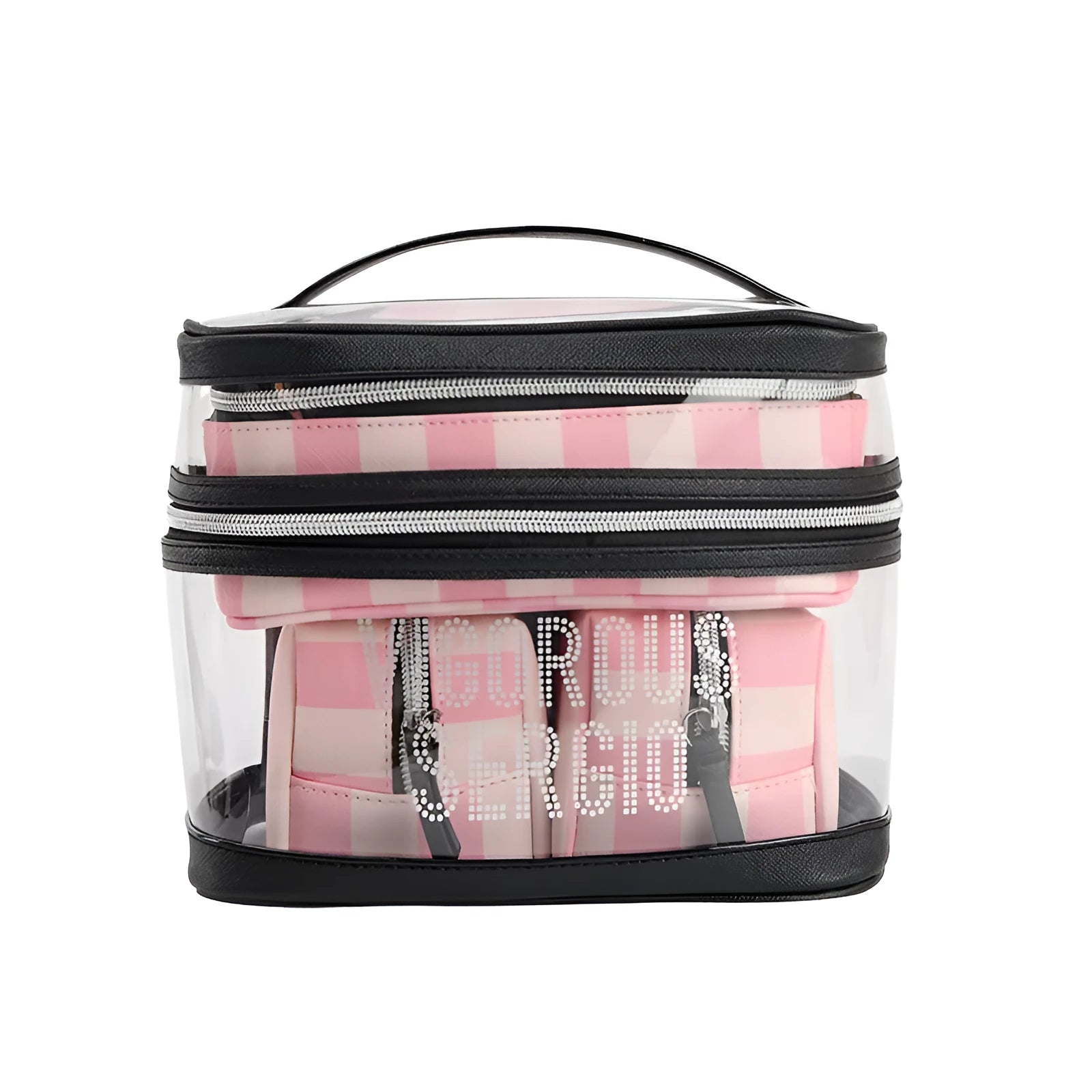 Pink bold stripes floral pattern waterproof synthetic leather makeup buggy bag