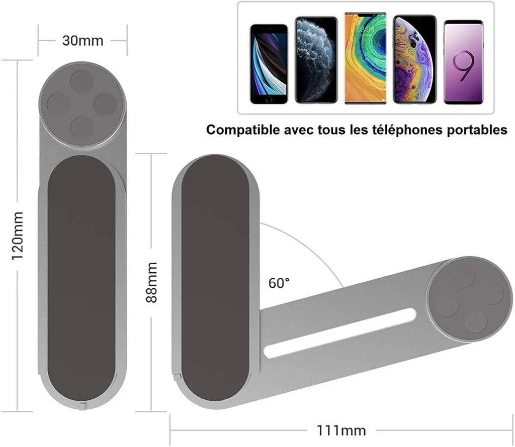 Silver aluminium alloy laptop side mount bracket holding a smartphone next to a laptop.