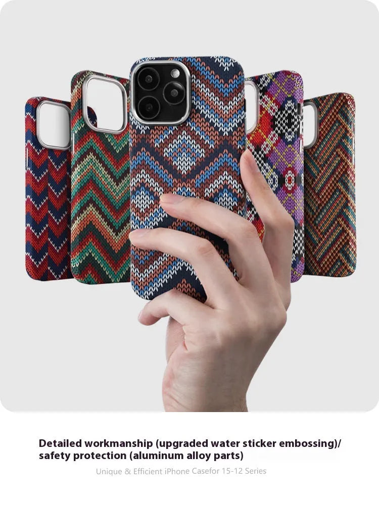 Kevlar pattern magnetic suction phone case for iPhone in Santorini Blue showing skin-like texture and protective shell design