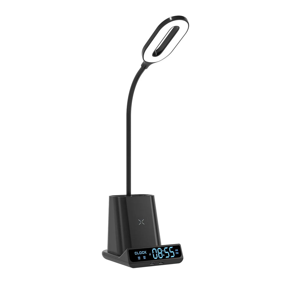 Black and white minimalist desk lamp with wireless charging pad, pen holder, and storage box.