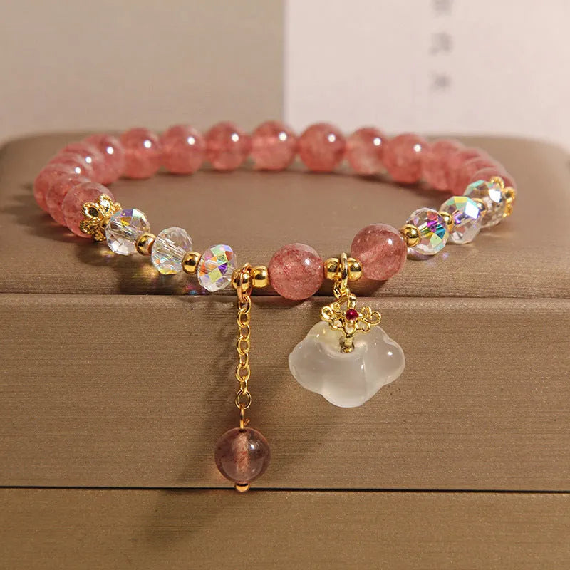 Women's natural crystal bracelet with strawberry quartz and white agate beads, auspicious cloud accents, 40g, on white background