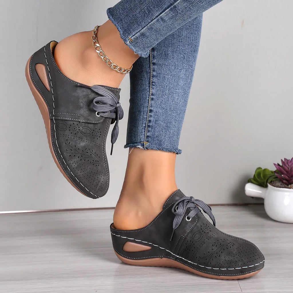 Women's suede lace-up summer slippers with hollow out wedges design in multiple colours