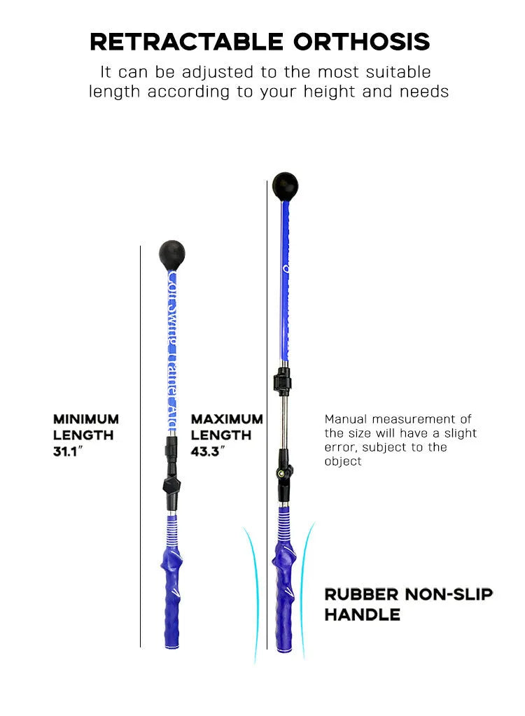 Blue golf swing training aid stick with ergonomic grip and shoulder cushion on green grass