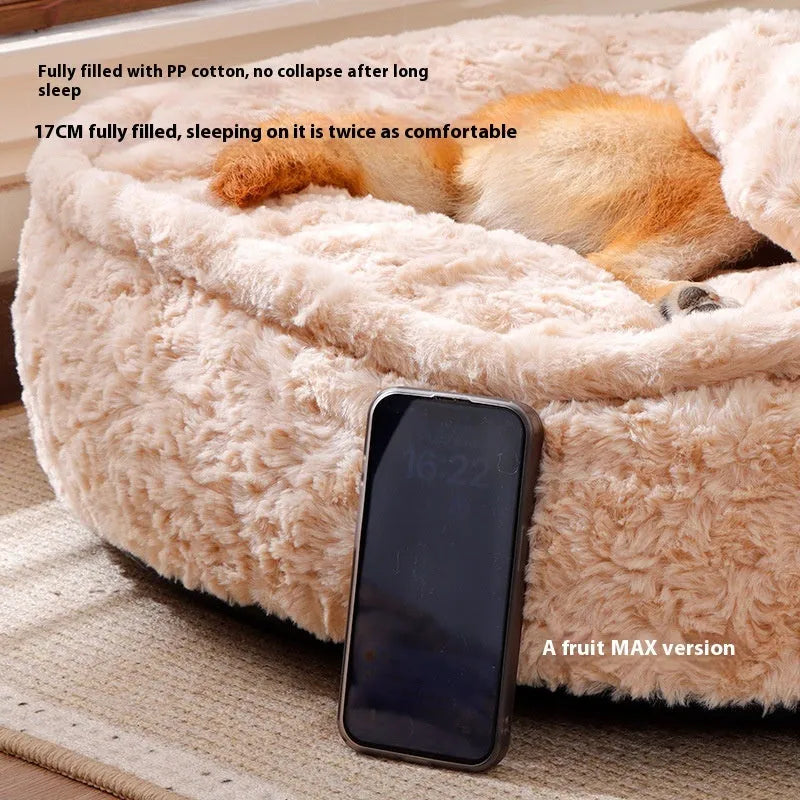 Small bite-resistant cloth dog kennel in a round nest milk tea colour.