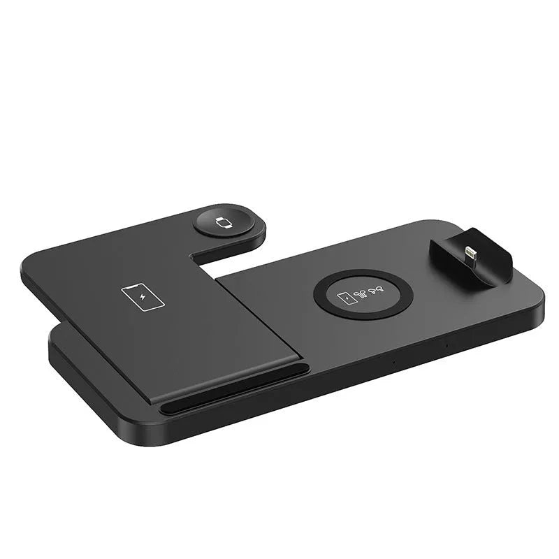 18W folding vertical 4in1 fast charge wireless charger in black plastic casing on a desk