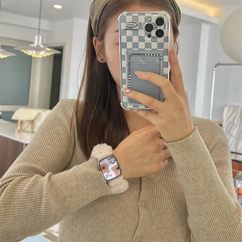 Velvet elastic hair loop watch strap for Apple Watch in brown, off white and blue, compatible with 38/40/41/42/44/45mm sizes