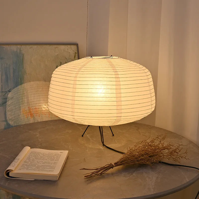 Japanese style Xuan paper table lamp, D39 x H32 cm, with three-colour light source, on a desk.