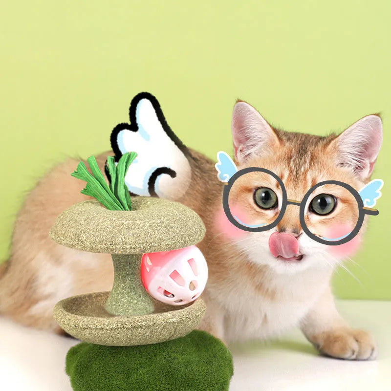 Green edible catnip toy with bell for cat teeth cleaning and chasing game