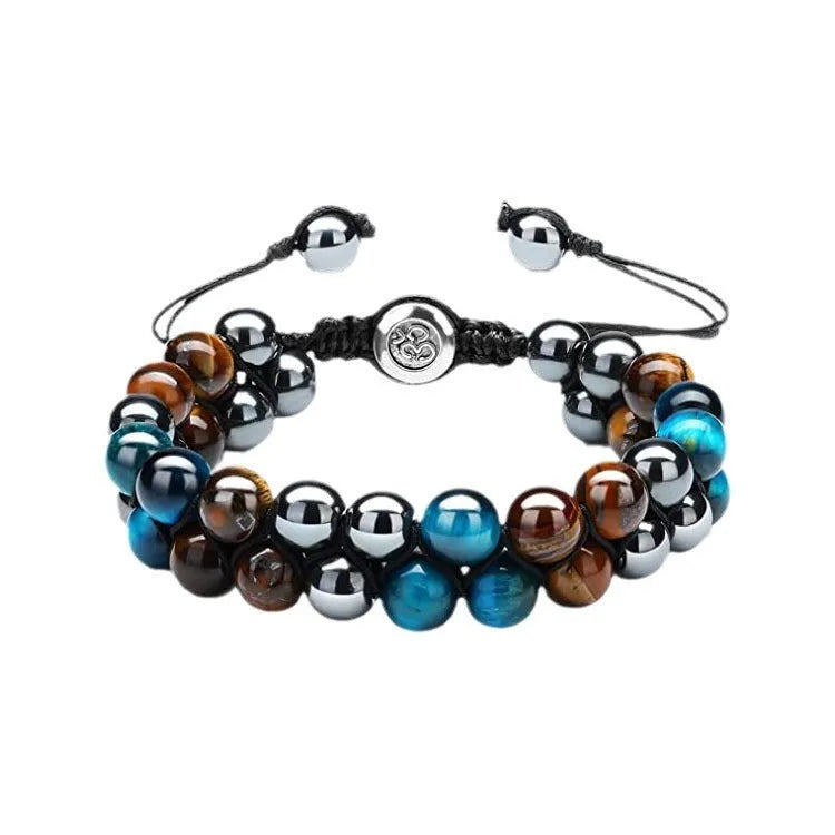 Men's black and gold tiger eye stone woven bracelet with magnetic clasp showing geometric pattern