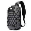 Black sports chest bag made from Oxford cloth with zipper closure and multiple internal pockets